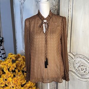 OLM Brown And Black Geometric Pattern Sheer Long Sleeve Blouse